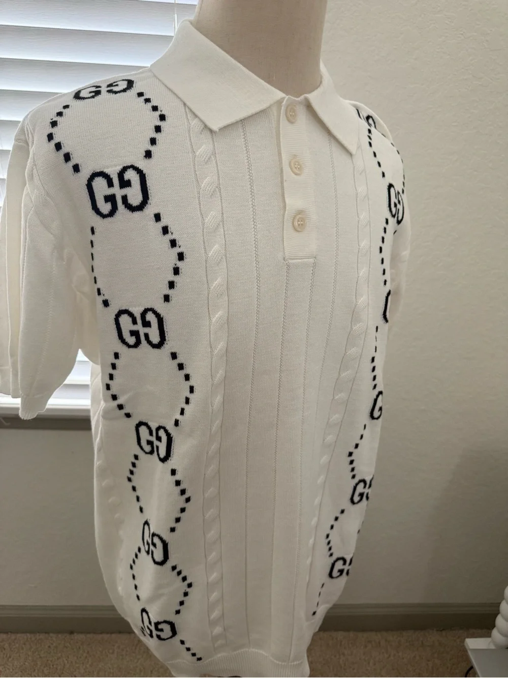 Gucci White GG Monogram Knit Polo Shirt Short Sleeve